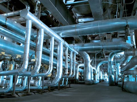 Industrial zone, Steel pipelines and cables in blue tones