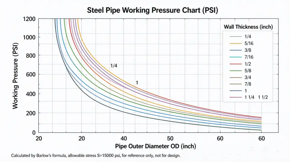 Steel pipe working pressure chart based on Barlow’s formula
